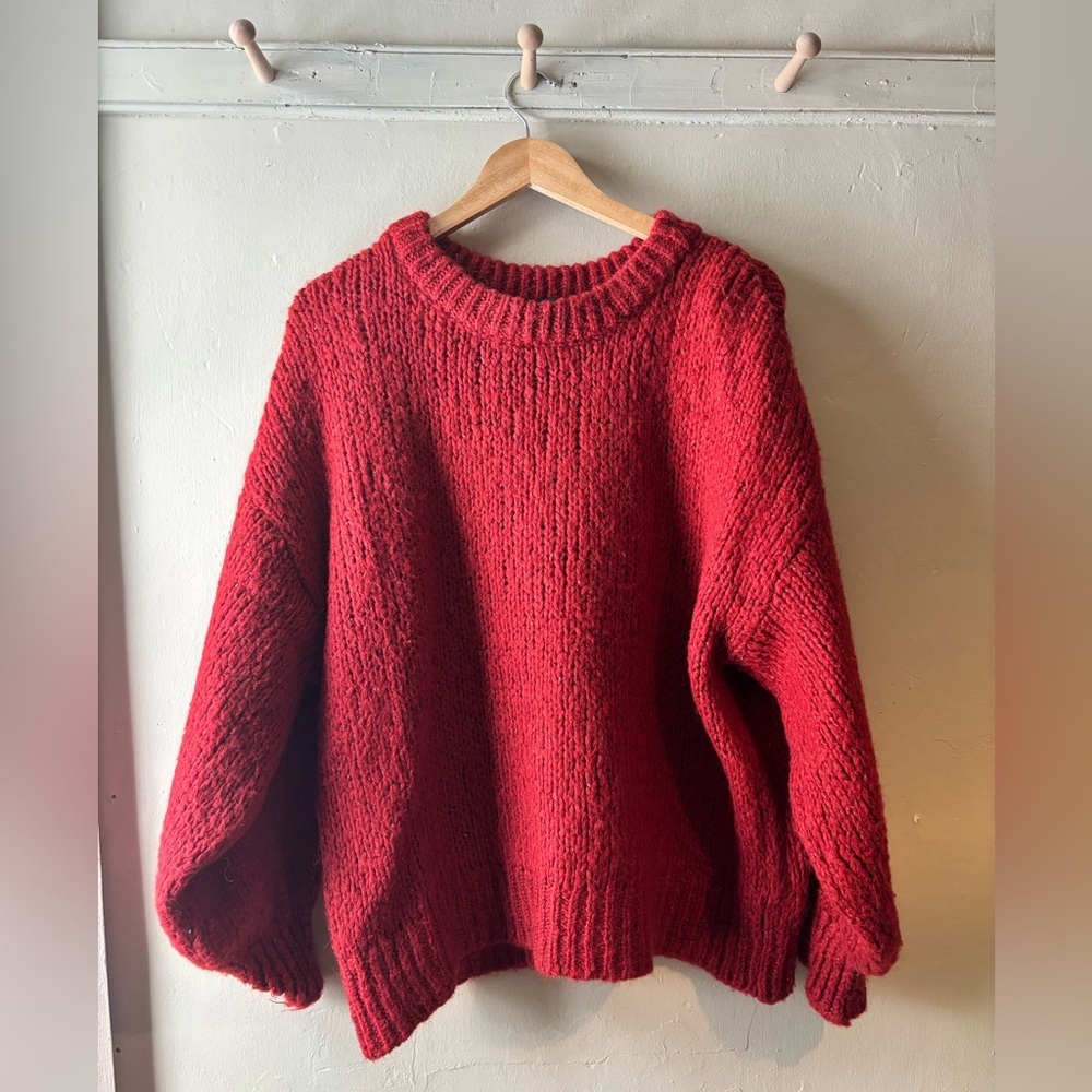 Zara Red Chunky Knit Oversized Crew Neck Sweater